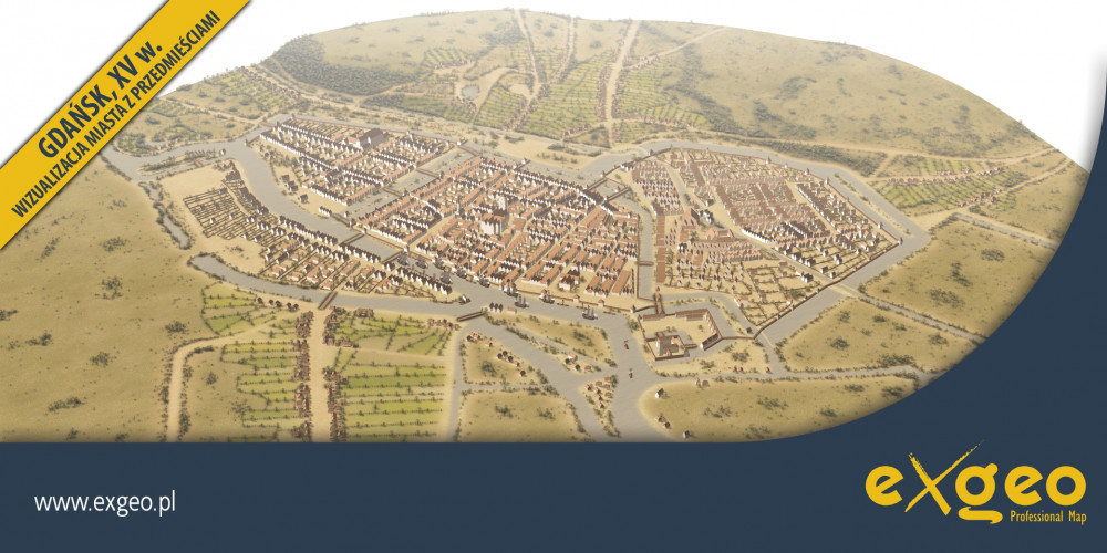 Gdańsk, plan miasta 3D, wizualizacja miasta, XV wiek, średniowiecze, kartografia, usługi ,exgeo