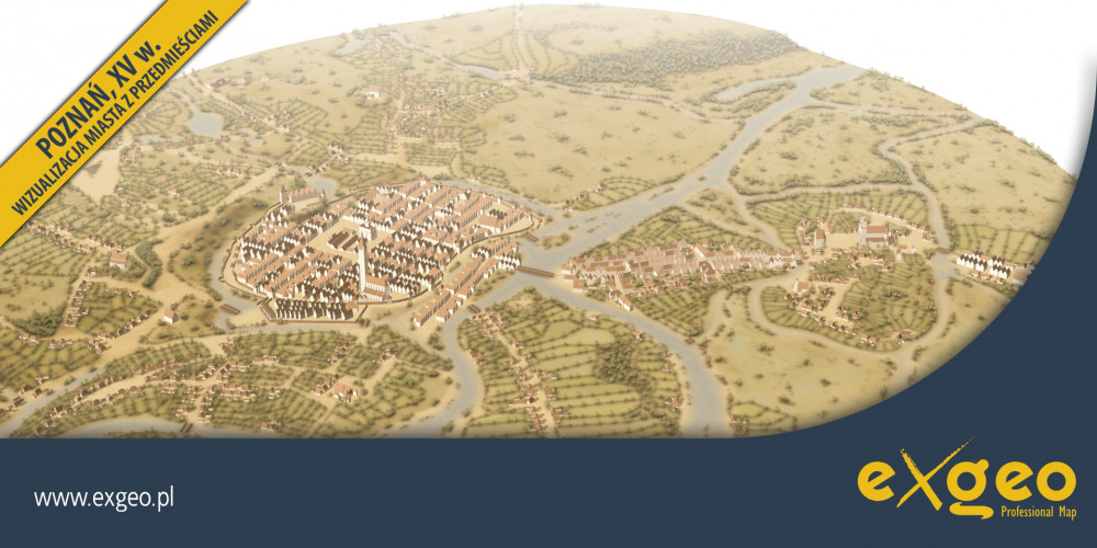 Poznań, plan miasta 3D, wizualizacja miasta, XV wiek, średniowiecze, kartografia, usługi ,exgeo