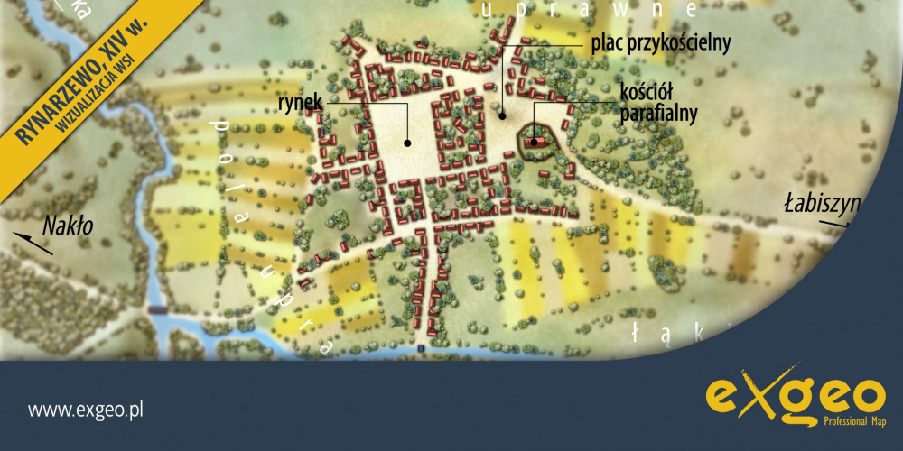 Rynarzewo, plan miasta 3D, plan wsi 3D, wizualizacja wsi, XV wiek, średniowiecze, kartografia, usługi, exgeo