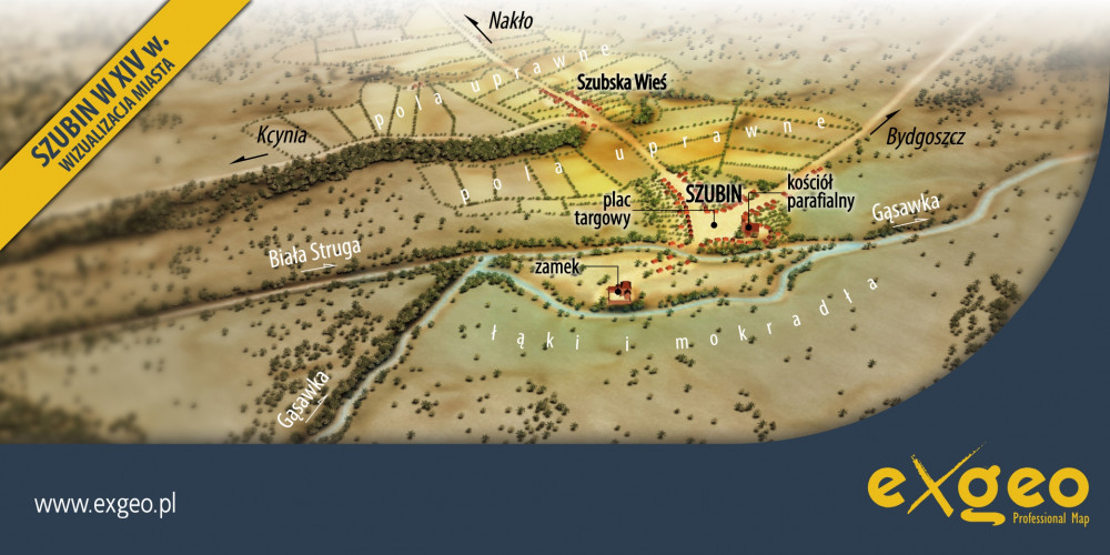 Szubin, plan miasta 3D, wizualizacja miasta, XIV wiek, średniowiecze, kartografia, usługi ,exgeo