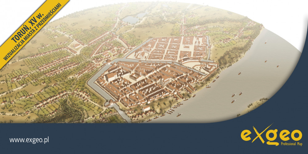 Toruń, plan miasta 3D, wizualizacja miasta, XV wiek, średniowiecze, kartografia, usługi ,exgeo