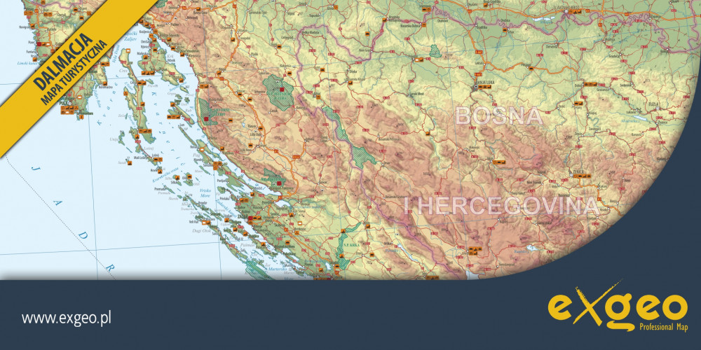 Dalmacja, mapa turystyczna, Chorwacja, Adriatyk, Dubrownik, Split, Zagrzeb, Pula, kartografia, usługi, exgeo