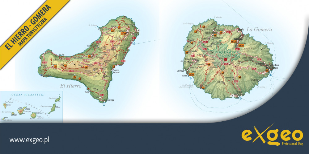 El Hierro, Gomera,  mapa turystyczna, Wyspy Kanaryjskie, Kanary, kartografia, usługi, exgeo