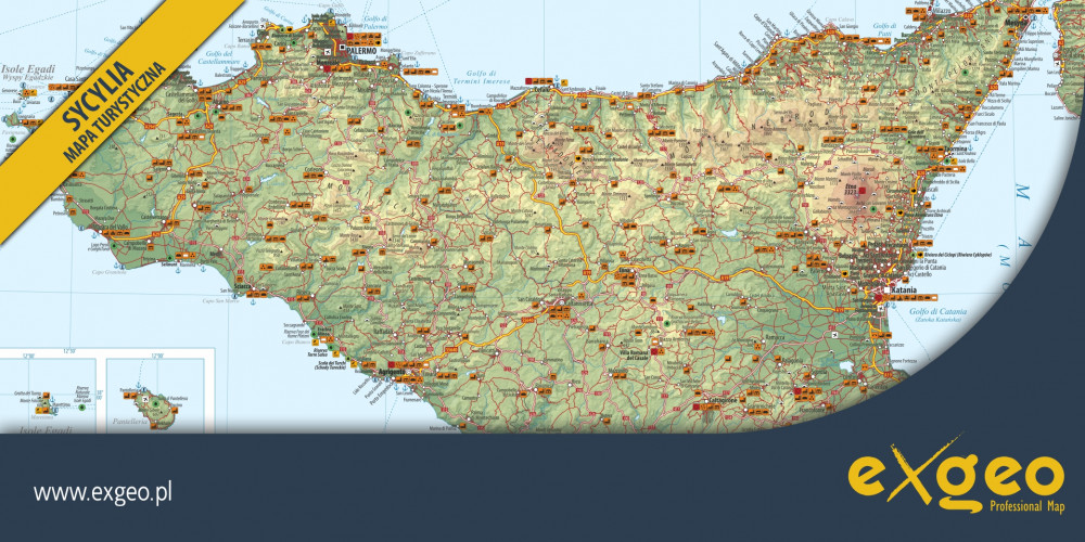 Sycylia,  mapa turystyczna, Palermo, Mesyna, Syrakuzy, kartografia, usługi, exgeo